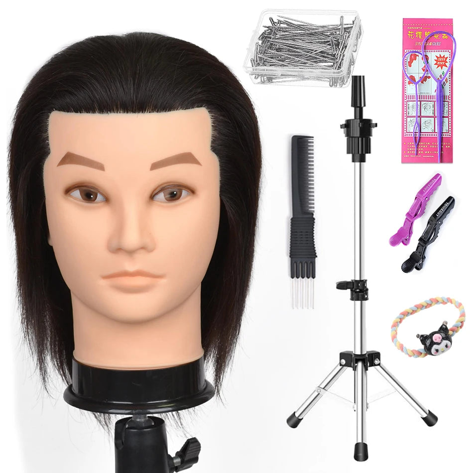 100% Human Hair Male Mannequin Head With Hair Beard Practice Manikin Hairdresser Cosmetology Training Doll Head For Hair Styling