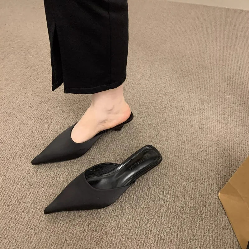 Women Slippers Pointed Toe Leopard Design Shallow Slip on Thin Low Heels Black Flock Design Casual Mules Loafers Black Outdoor