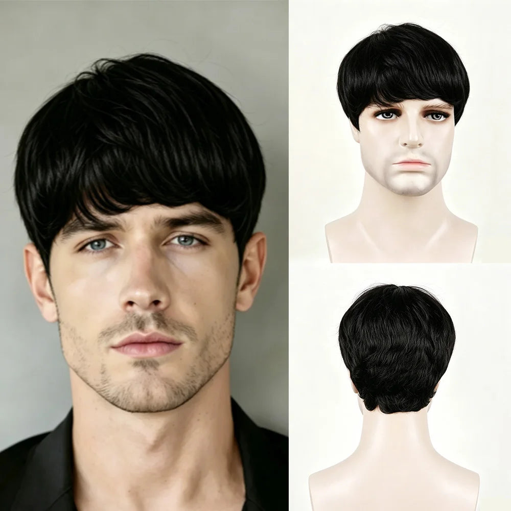 Men's Black Short Full Machine Made Wig with Straight Layered 100% Human Hair Wig with Bangs  for Daily Use