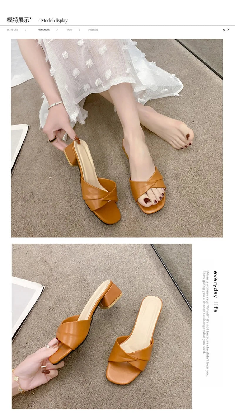 Women's Slippers Summer New Thick Heel Slipper Luxury Casual Leather Slippers for Women Square Toe Open Toe Slides Muller Slides