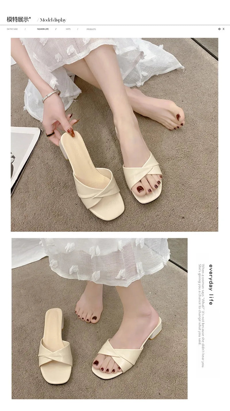Women's Slippers Summer New Thick Heel Slipper Luxury Casual Leather Slippers for Women Square Toe Open Toe Slides Muller Slides