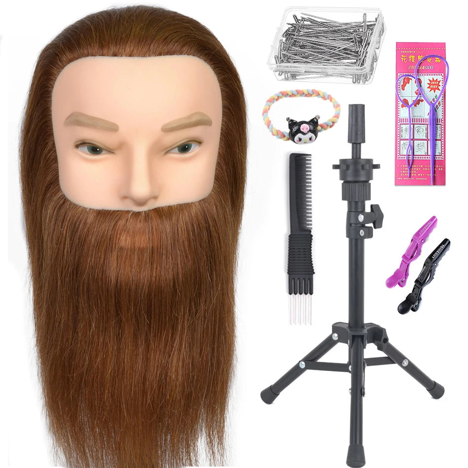100% Human Hair Male Mannequin Head With Hair Beard Practice Manikin Hairdresser Cosmetology Training Doll Head For Hair Styling