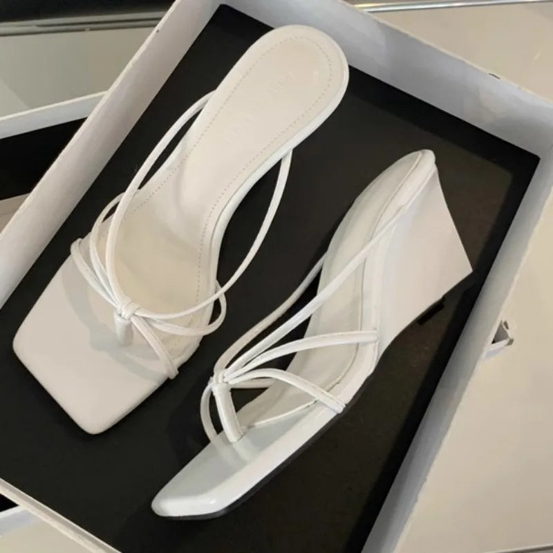 Slope Slippers Women's Fashion Square Head Clip Toe Set Foot Fine Strap Soft Sole Anti-slip Wear-resistant High Heels