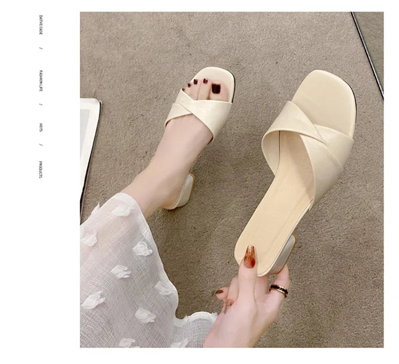 Women's Slippers Summer New Thick Heel Slipper Luxury Casual Leather Slippers for Women Square Toe Open Toe Slides Muller Slides