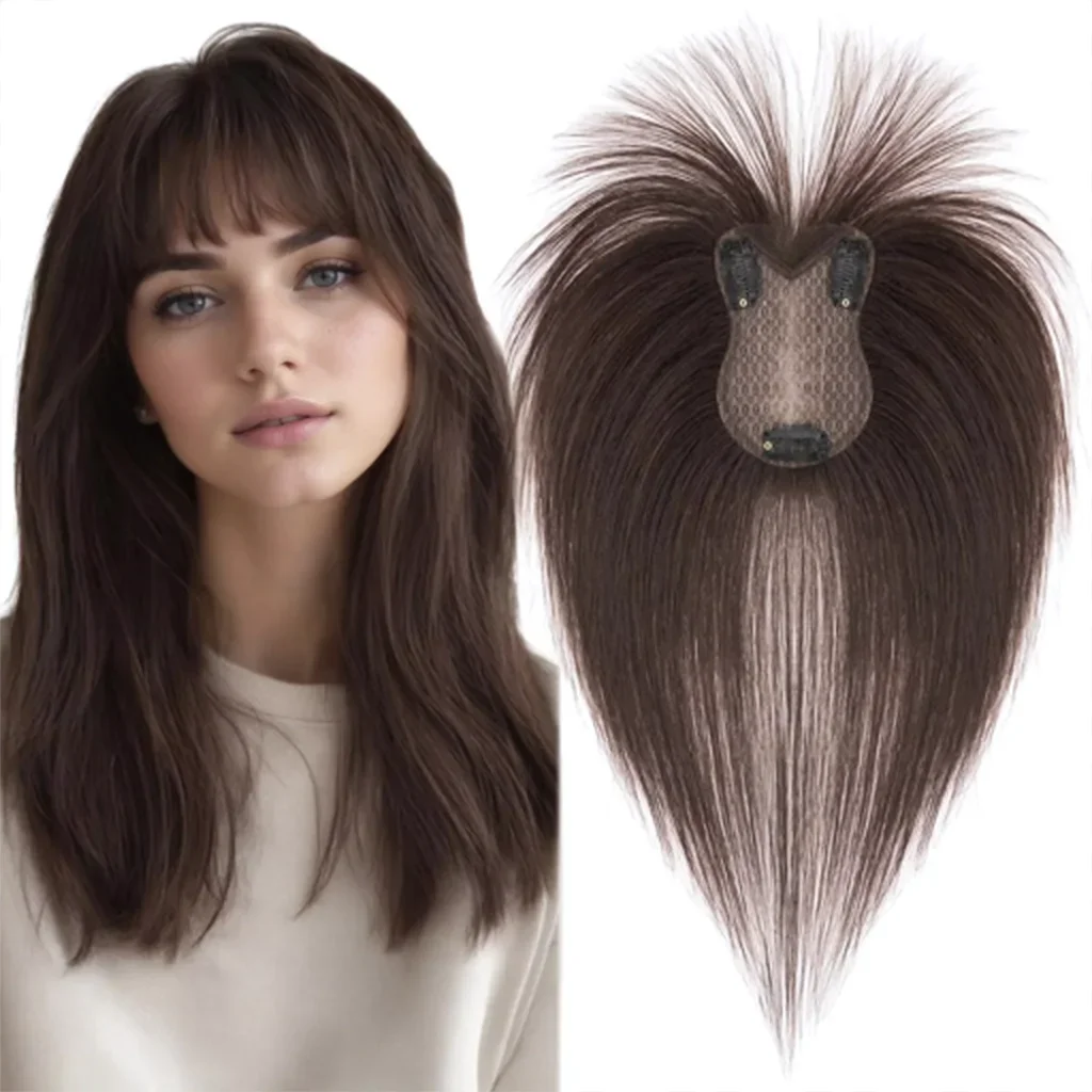 Human Hair Toppers for Women Real Human Hair Topper with Bangs Hand-Tied Thin Lace Base Light Weight Clip in Hairpiece Extension