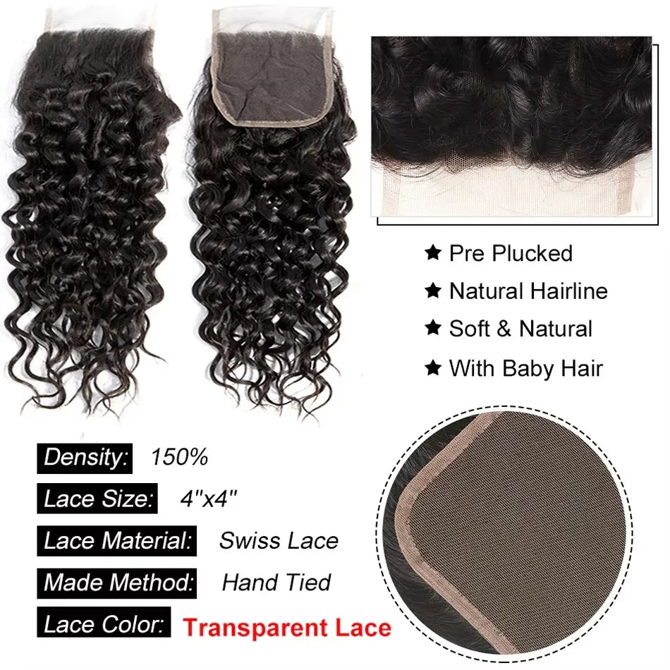 Malaysian Human Hair Water Wave Bundles With Lace Closure Virgin Human Hair Weave With 4x4 HD Transparent Lace Closure