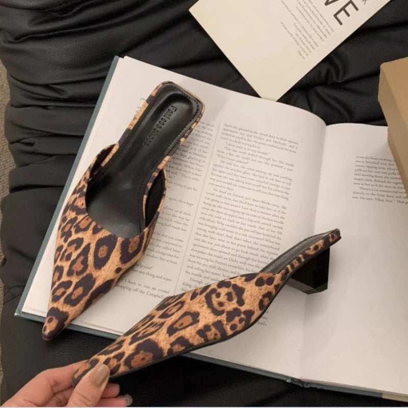 Women Slippers Pointed Toe Leopard Design Shallow Slip on Thin Low Heels Black Flock Design Casual Mules Loafers Black Outdoor