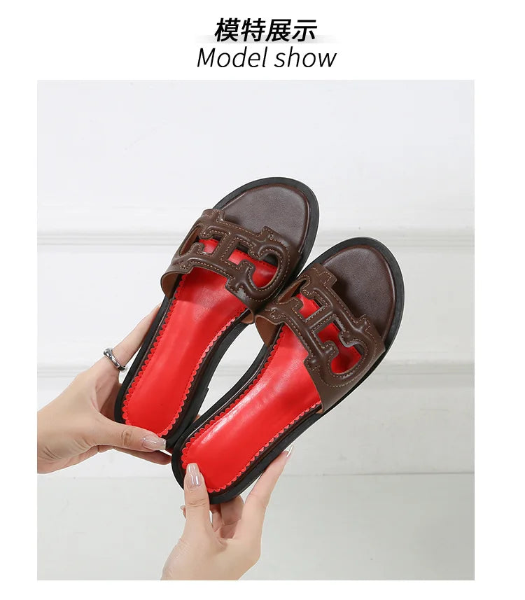 Ladies' slippers summer elegant slim-fitting breathable hollowed-out anti-slip soft-soled suitable vacation travel flat shoes