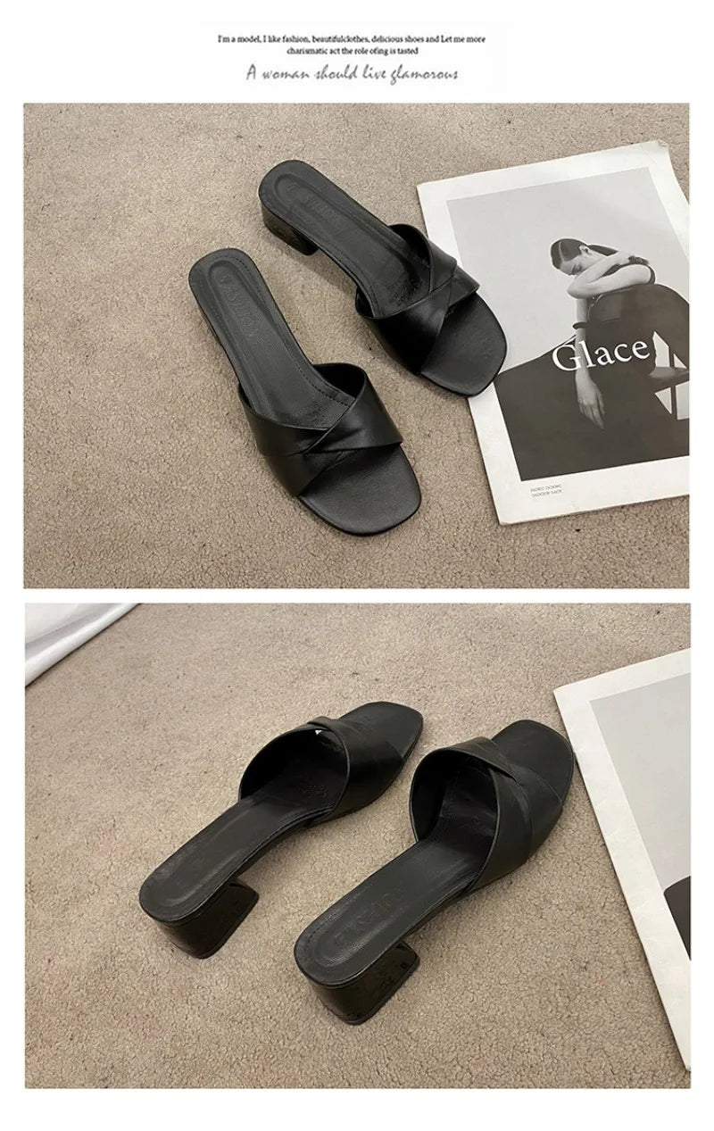 Women's Slippers Summer New Thick Heel Slipper Luxury Casual Leather Slippers for Women Square Toe Open Toe Slides Muller Slides