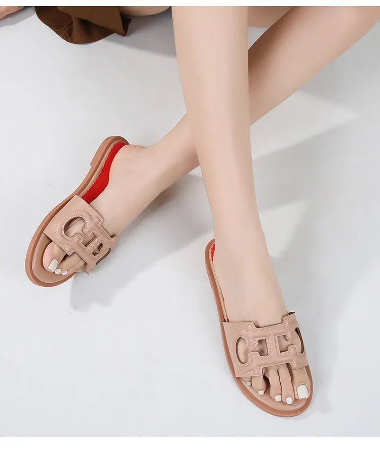 Ladies' slippers summer elegant slim-fitting breathable hollowed-out anti-slip soft-soled suitable vacation travel flat shoes