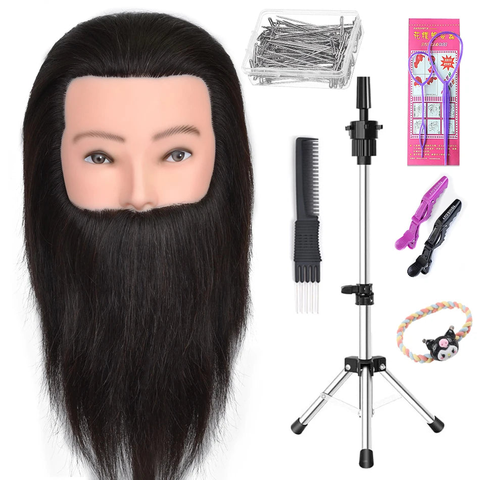 100% Human Hair Male Mannequin Head With Hair Beard Practice Manikin Hairdresser Cosmetology Training Doll Head For Hair Styling