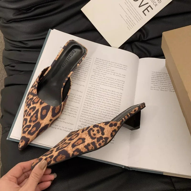 Women Slippers Pointed Toe Leopard Design Shallow Slip on Thin Low Heels Black Flock Design Casual Mules Loafers Black Outdoor