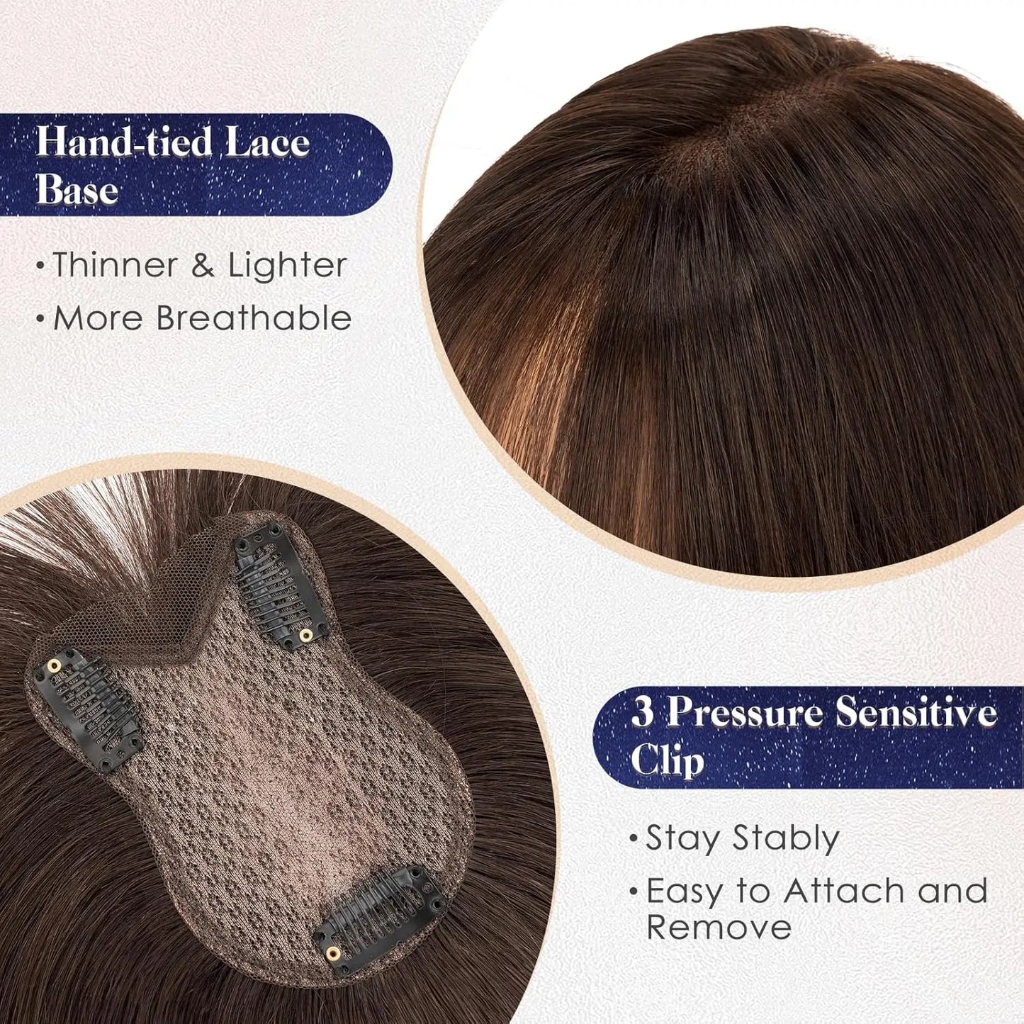 Human Hair Toppers for Women Real Human Hair Topper with Bangs Hand-Tied Thin Lace Base Light Weight Clip in Hairpiece Extension