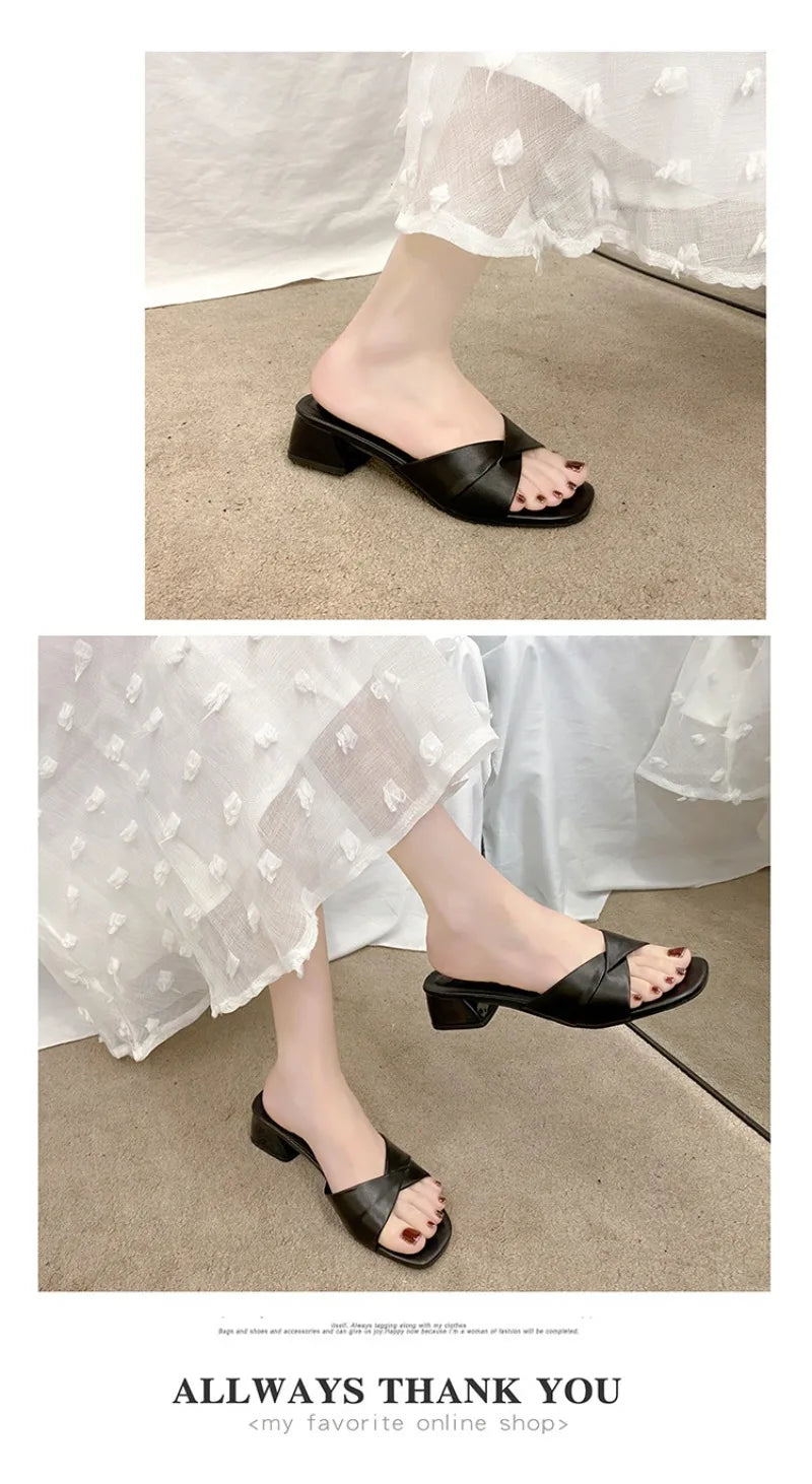Women's Slippers Summer New Thick Heel Slipper Luxury Casual Leather Slippers for Women Square Toe Open Toe Slides Muller Slides
