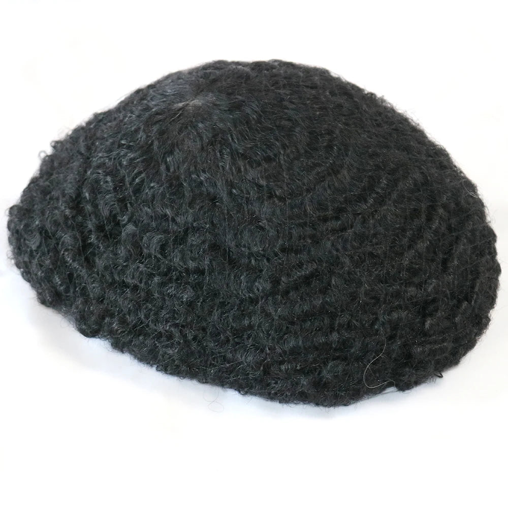 Black Mens Human Hair Mono NPU Durable Hair Replacement Prosthesis System 10MM Deep Waves Afro Hairstyle Men's Toupee