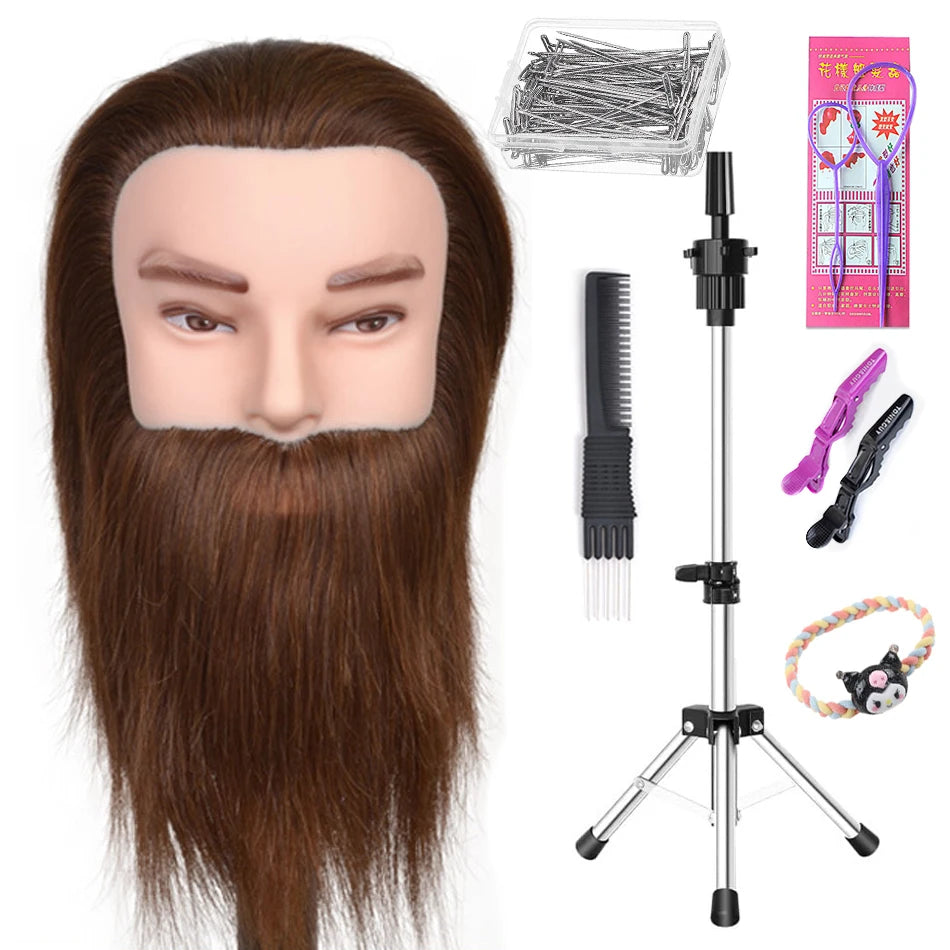100% Human Hair Male Mannequin Head With Hair Beard Practice Manikin Hairdresser Cosmetology Training Doll Head For Hair Styling
