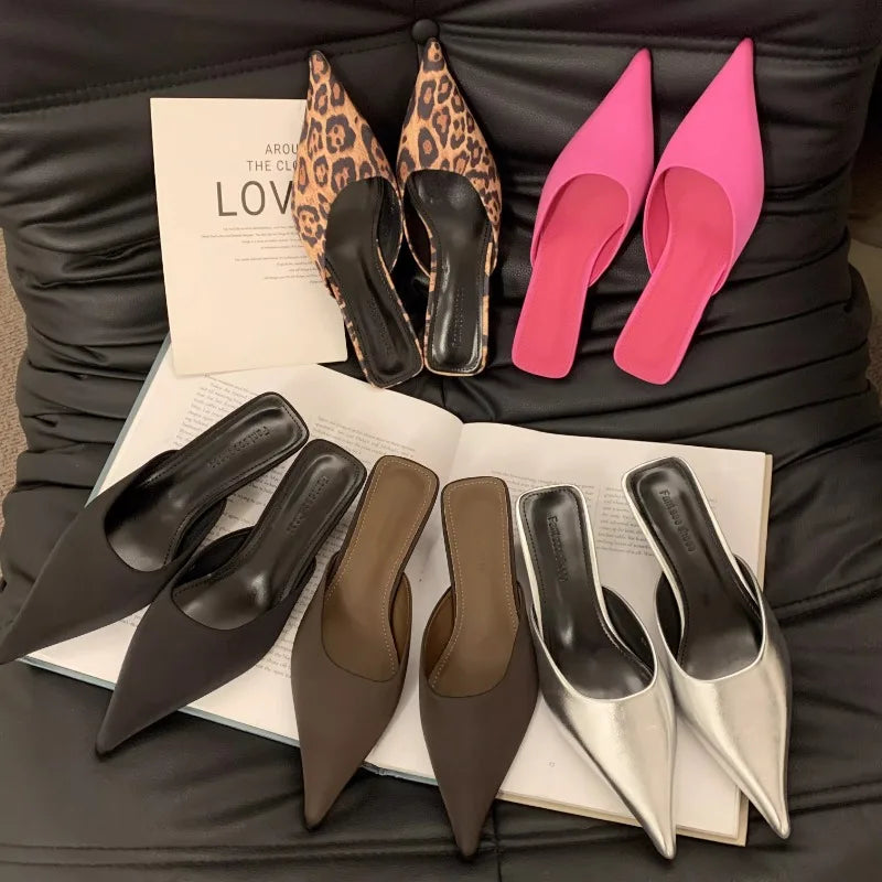 Women Slippers Pointed Toe Leopard Design Shallow Slip on Thin Low Heels Black Flock Design Casual Mules Loafers Black Outdoor