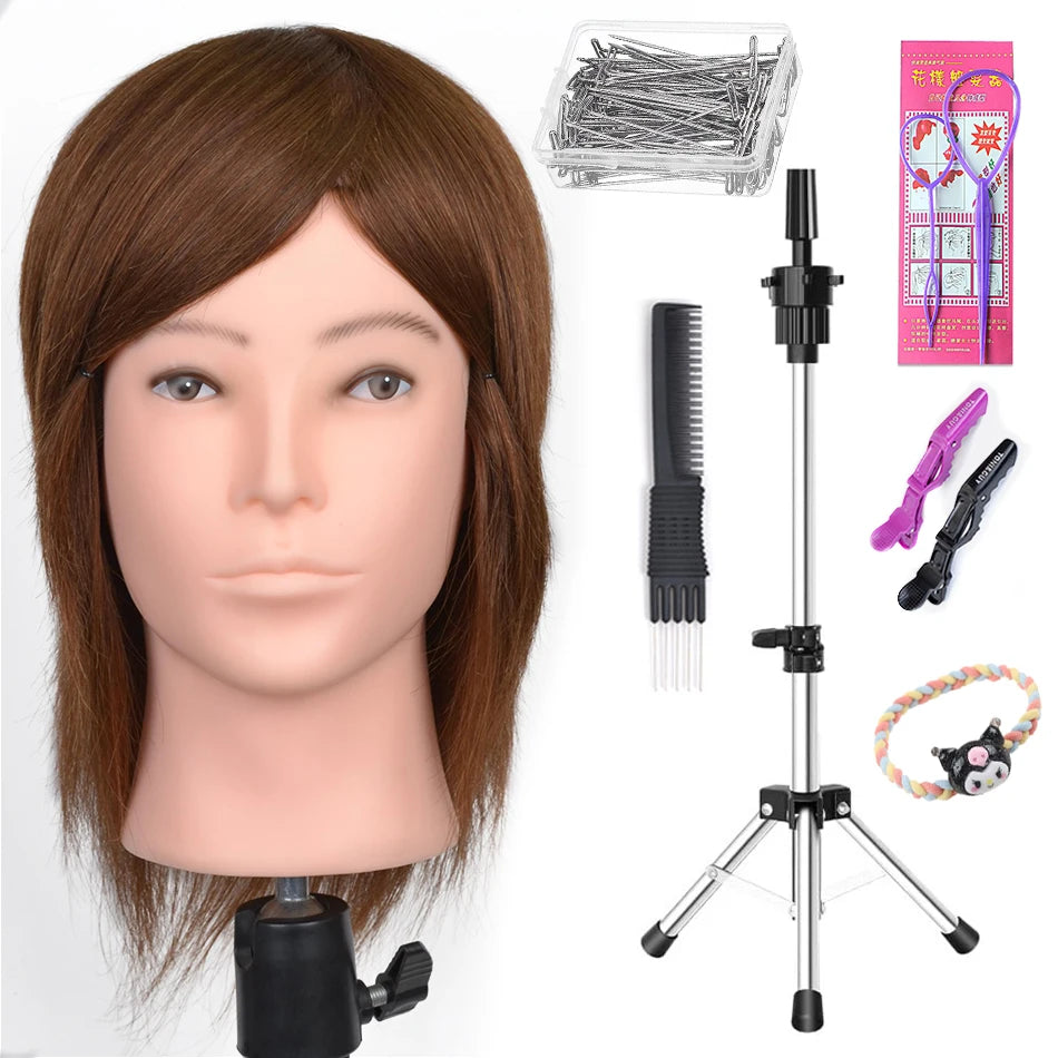 100% Human Hair Male Mannequin Head With Hair Beard Practice Manikin Hairdresser Cosmetology Training Doll Head For Hair Styling