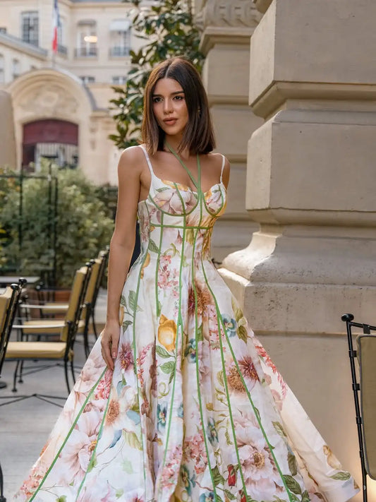 Elegant Floral Print Halter Dress Women Sleeveless Waist-closed A-line Dresses 2026 Spring Summer Fashion Female Vacation Robe