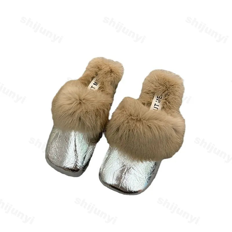 Women's Flat Slippers 2025 Autumn Winter Fashion Outdoor Warm Non Slip Plush Shoes Lightweight Comfortable Casual Half Slippers
