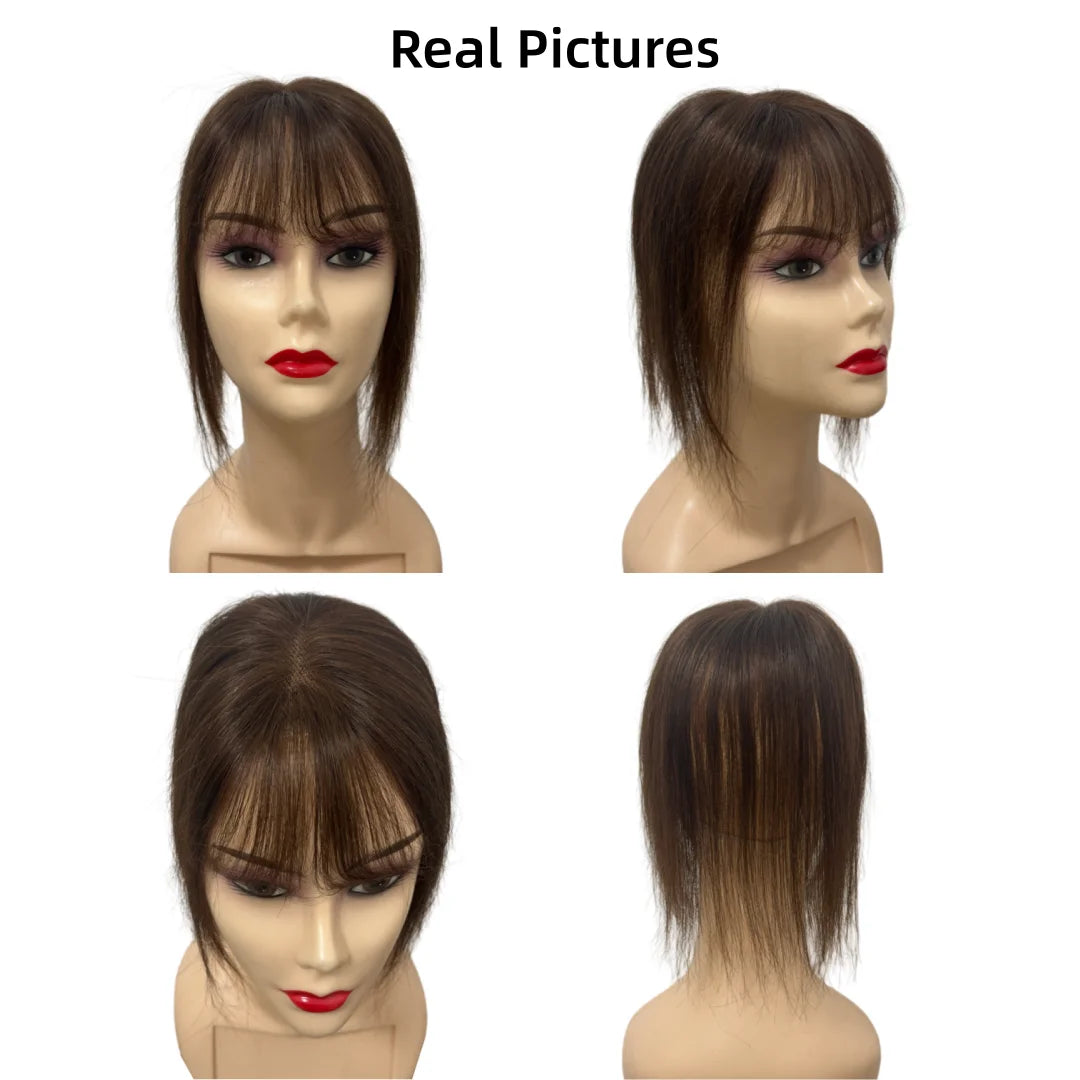 Human Hair Toppers for Women Real Human Hair Topper with Bangs Hand-Tied Thin Lace Base Light Weight Clip in Hairpiece Extension