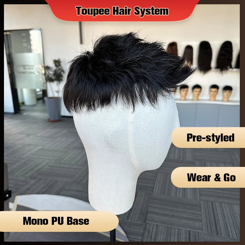 Human Hair System Pre-Cut Mono Base Toupee For Men Unit Ready To Wear PU Wigs For Men Durable Male Hair Prosthesis Men's Wigs