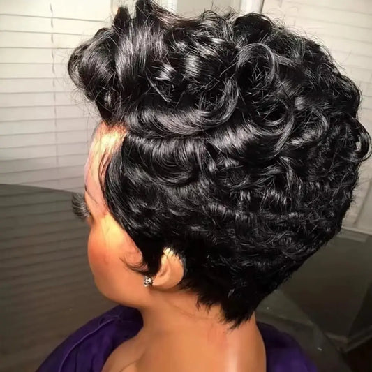 Short Human Hair Wigs for Black Women Curly Layered Pixie Cut Wig Remy Human Hair Machine Made Wigs for Daily Use