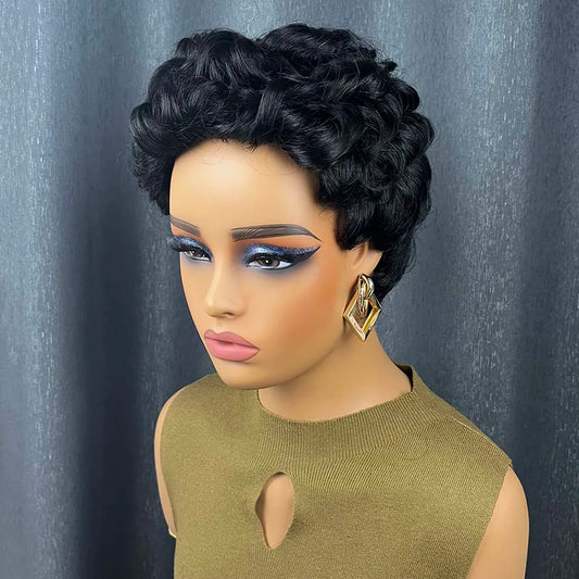 Short Human Hair Wigs for Black Women Curly Layered Pixie Cut Wig Remy Human Hair Machine Made Wigs for Daily Use