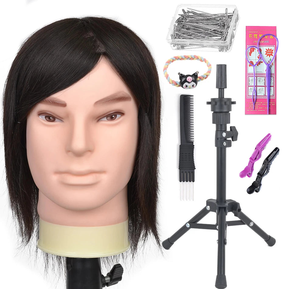 100% Human Hair Male Mannequin Head With Hair Beard Practice Manikin Hairdresser Cosmetology Training Doll Head For Hair Styling