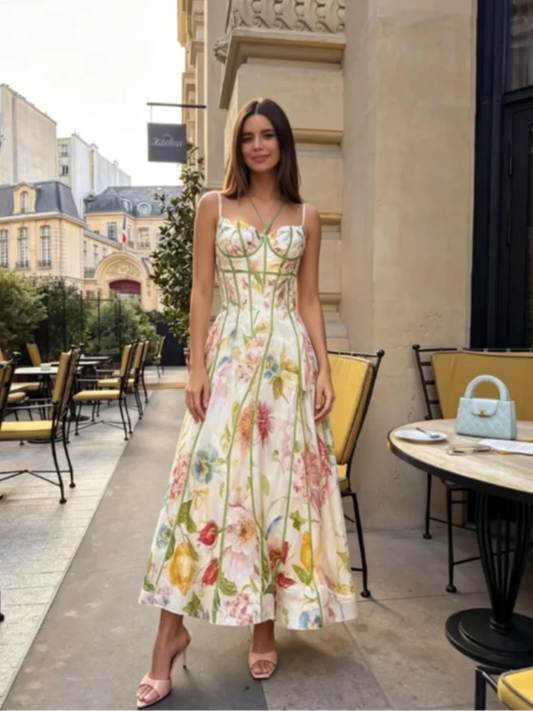 Elegant Floral Print Halter Dress Women Sleeveless Waist-closed A-line Dresses 2026 Spring Summer Fashion Female Vacation Robe