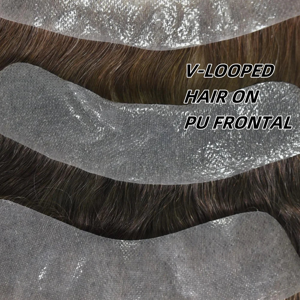 Men's forehead hairline wig; high density human hair skin PU men's frontal hairpiece V ring frontal hair top