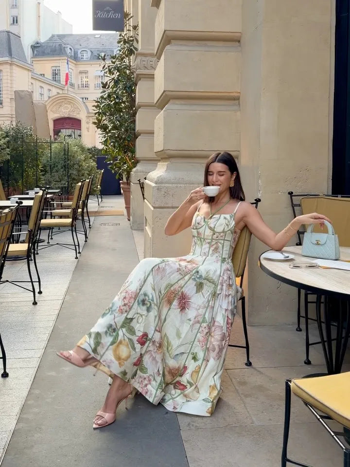 Elegant Floral Print Halter Dress Women Sleeveless Waist-closed A-line Dresses 2026 Spring Summer Fashion Female Vacation Robe