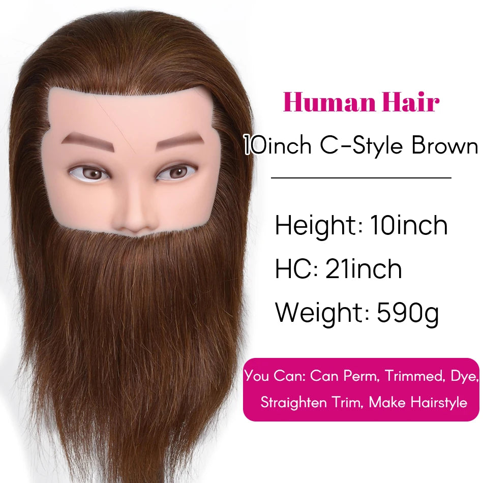 100% Human Hair Male Mannequin Head With Hair Beard Practice Manikin Hairdresser Cosmetology Training Doll Head For Hair Styling