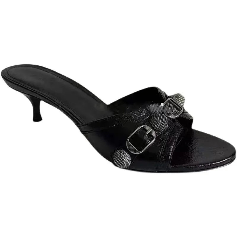 New High-heeled Slippers for Women 2024 One-word Stylish Commuter Studded Slippers for Women with Black Heels  Sandales