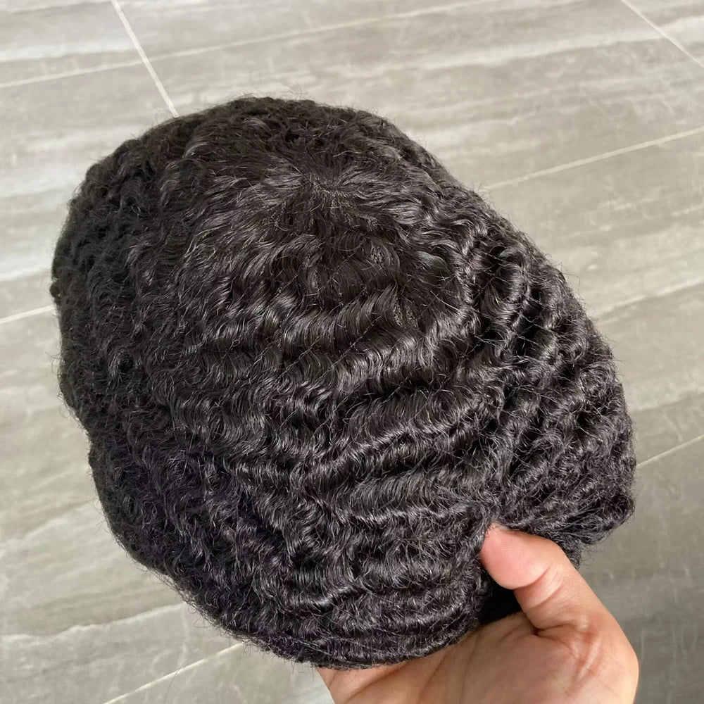 Black Mens Human Hair Mono NPU Durable Hair Replacement Prosthesis System 10MM Deep Waves Afro Hairstyle Men's Toupee