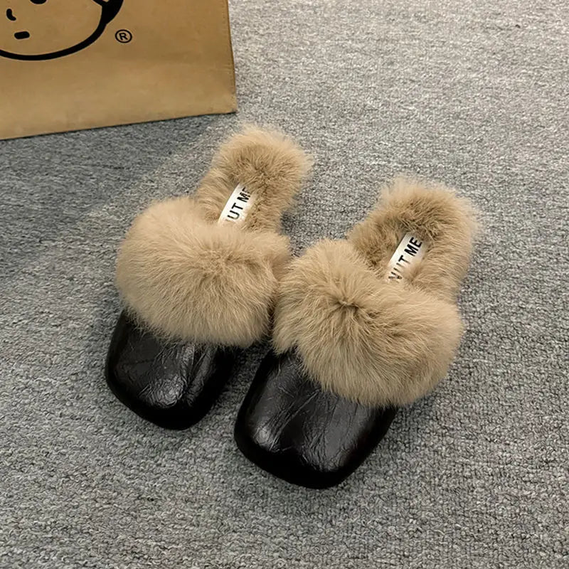 Women's Flat Slippers 2025 Autumn Winter Fashion Outdoor Warm Non Slip Plush Shoes Lightweight Comfortable Casual Half Slippers