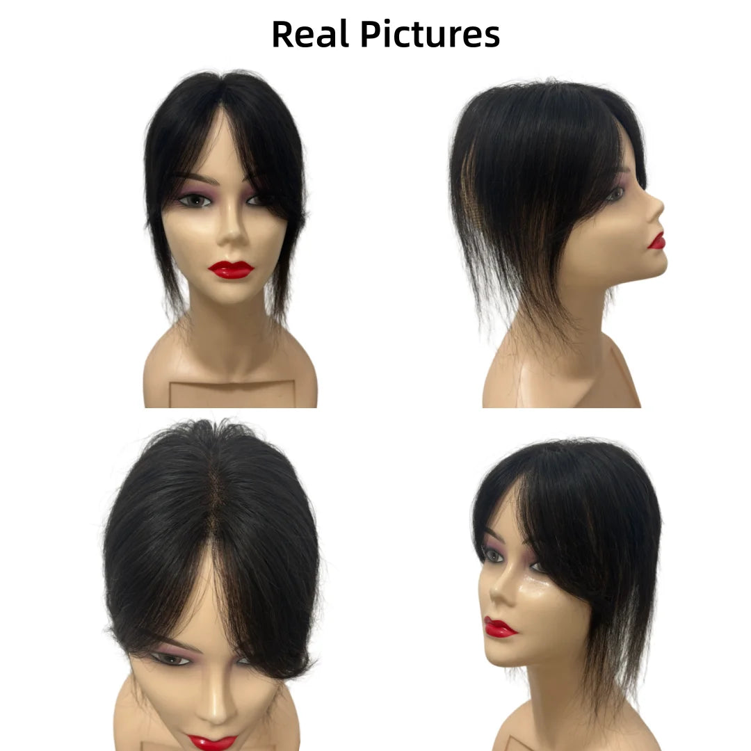 Human Hair Toppers for Women Real Human Hair Topper with Bangs Hand-Tied Thin Lace Base Light Weight Clip in Hairpiece Extension