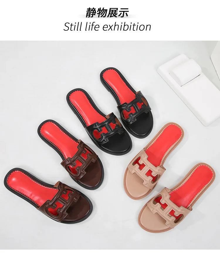 Ladies' slippers summer elegant slim-fitting breathable hollowed-out anti-slip soft-soled suitable vacation travel flat shoes