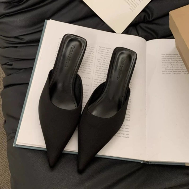 Women Slippers Pointed Toe Leopard Design Shallow Slip on Thin Low Heels Black Flock Design Casual Mules Loafers Black Outdoor