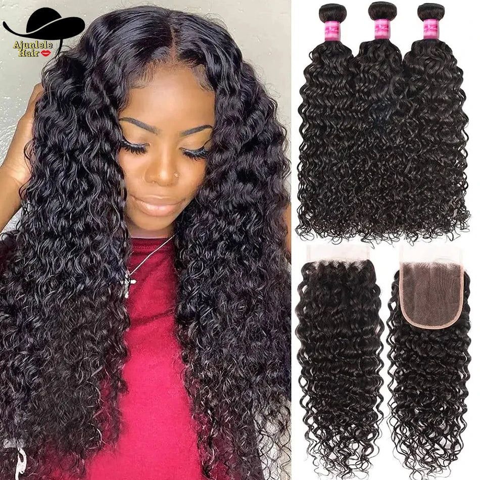 Malaysian Human Hair Water Wave Bundles With Lace Closure Virgin Human Hair Weave With 4x4 HD Transparent Lace Closure