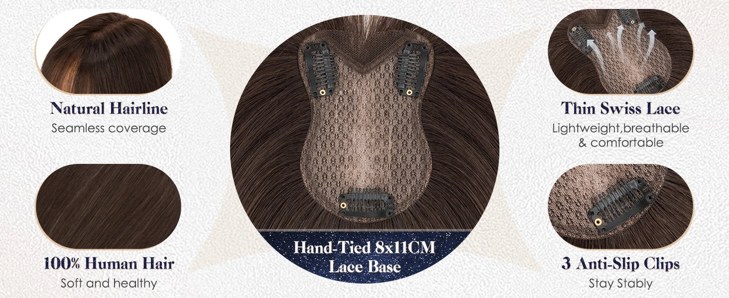 Human Hair Toppers for Women Real Human Hair Topper with Bangs Hand-Tied Thin Lace Base Light Weight Clip in Hairpiece Extension