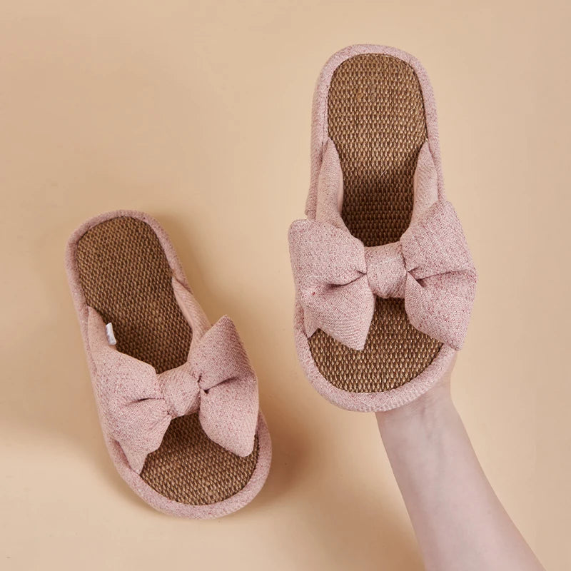 Women's Slippers for Spring, Autumn, and Summer, Indoor Home Non-Slip Wooden Floor Silent Slippers for All Seasons with Bowknot