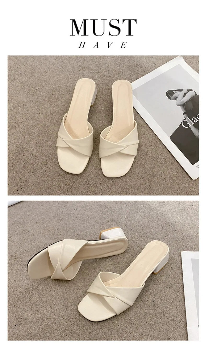 Women's Slippers Summer New Thick Heel Slipper Luxury Casual Leather Slippers for Women Square Toe Open Toe Slides Muller Slides