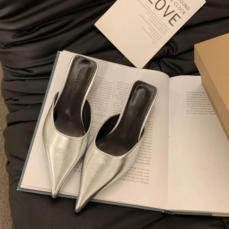Women Slippers Pointed Toe Leopard Design Shallow Slip on Thin Low Heels Black Flock Design Casual Mules Loafers Black Outdoor