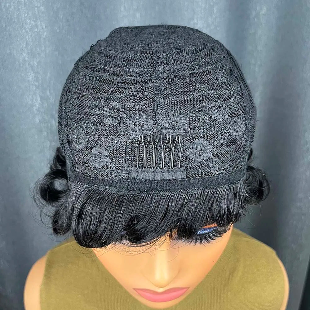 Short Human Hair Wigs for Black Women Curly Layered Pixie Cut Wig Remy Human Hair Machine Made Wigs for Daily Use