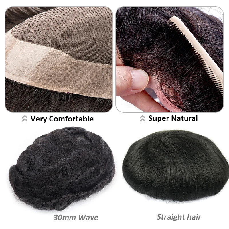 Human Hair System For Men Toupee Fine Mono Male Wig 130% Density Durable Hair Prosthesis Toupee Men 6" Hair Replacement Men Wig