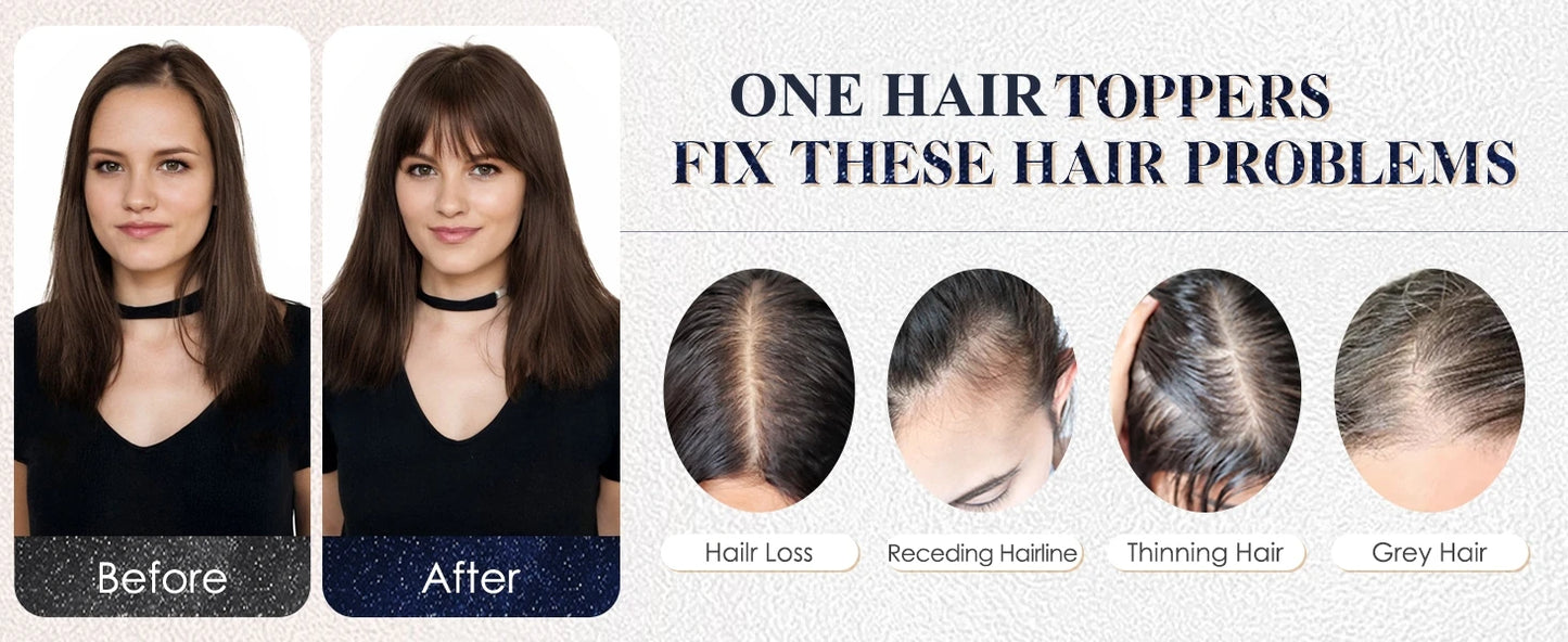 Human Hair Toppers for Women Real Human Hair Topper with Bangs Hand-Tied Thin Lace Base Light Weight Clip in Hairpiece Extension
