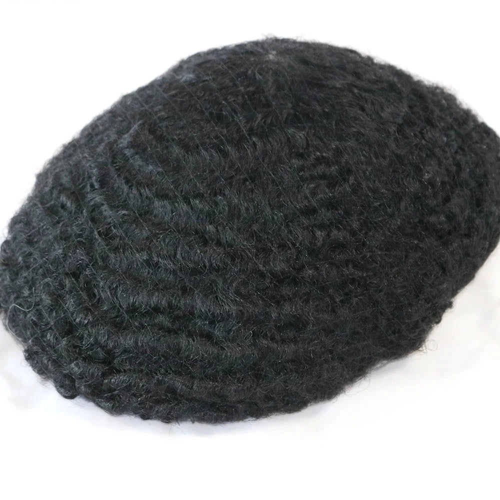 Black Mens Human Hair Mono NPU Durable Hair Replacement Prosthesis System 10MM Deep Waves Afro Hairstyle Men's Toupee