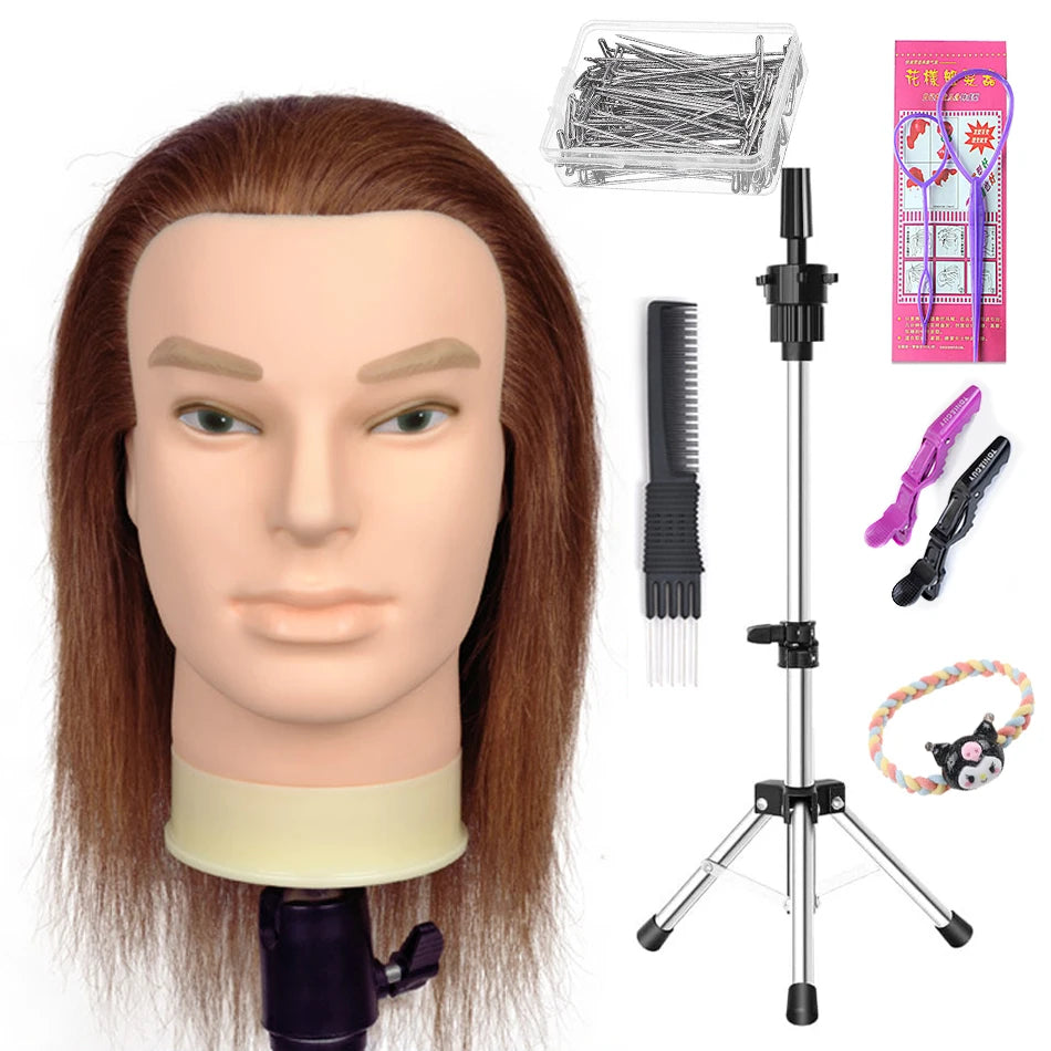 100% Human Hair Male Mannequin Head With Hair Beard Practice Manikin Hairdresser Cosmetology Training Doll Head For Hair Styling
