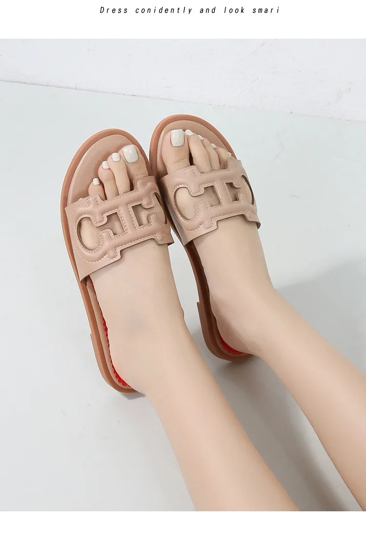 Ladies' slippers summer elegant slim-fitting breathable hollowed-out anti-slip soft-soled suitable vacation travel flat shoes